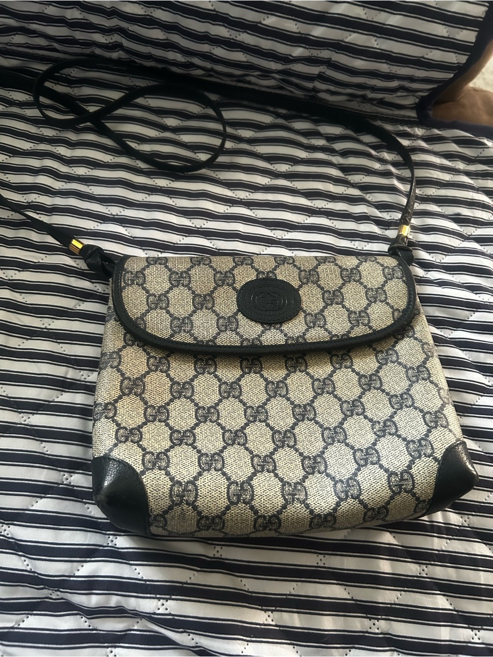Gucci Beige Monogram Crossbody with Navy Blue Gold Trim